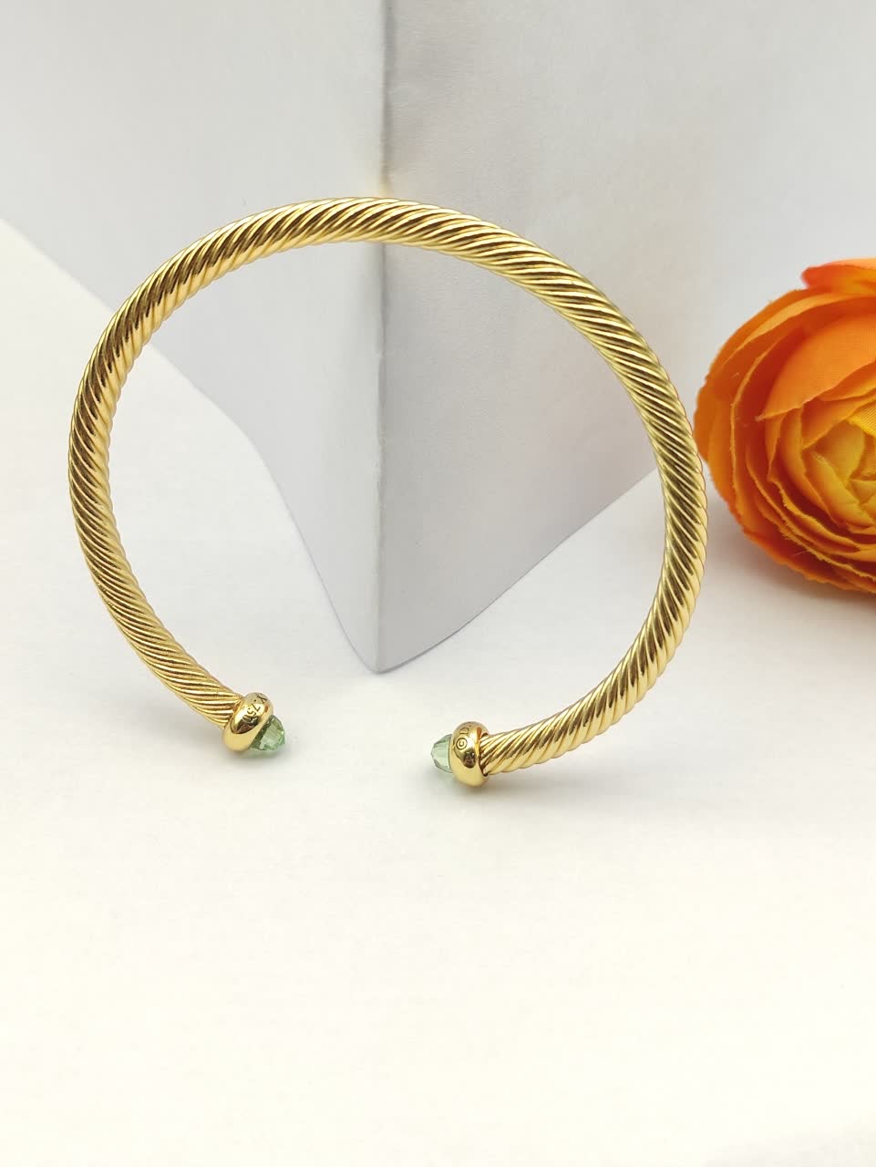 David Yurman Gold Tone Wire Bangle Bracelet with Green Stones